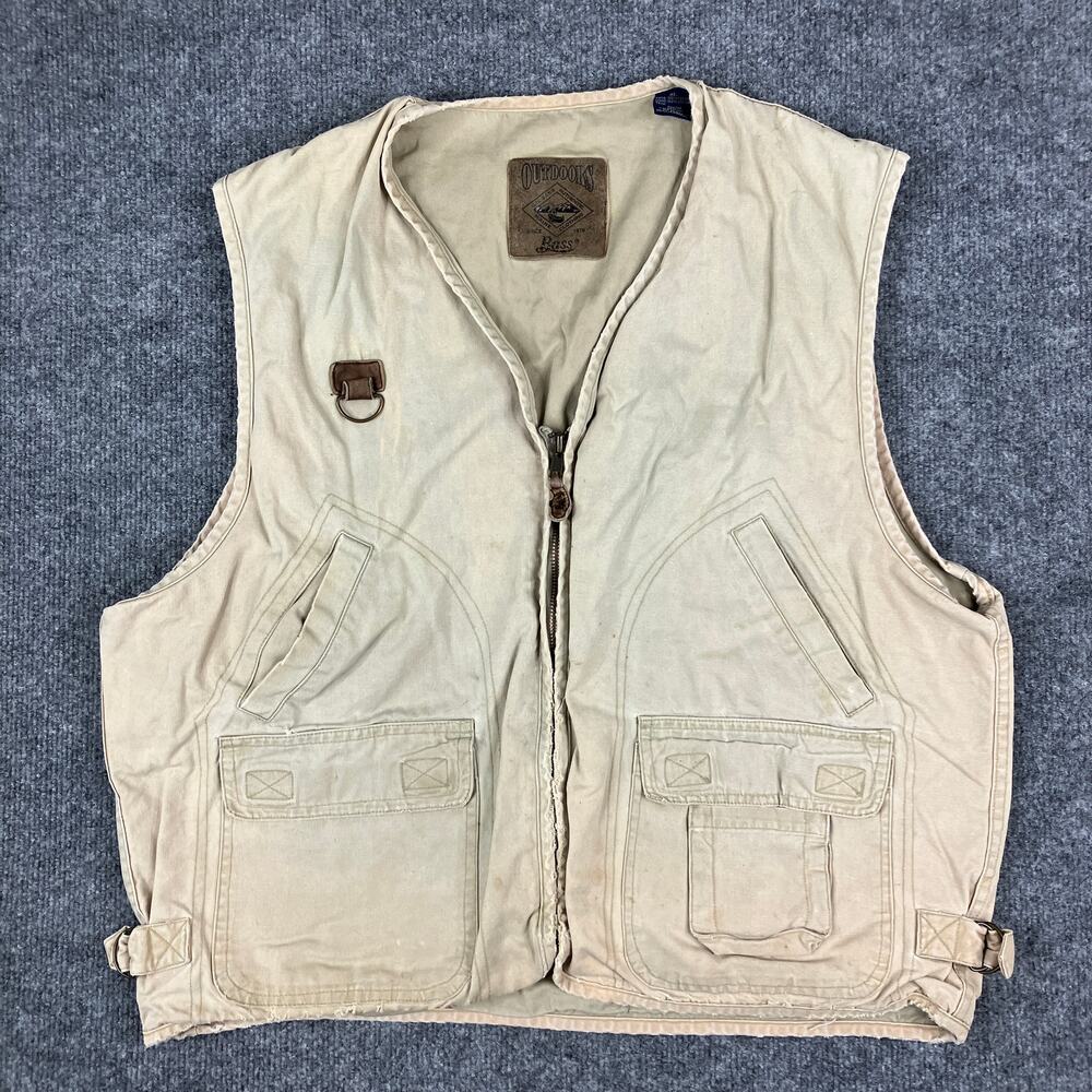 Bass Outdoors Vest Mens Size XL Tan Cotton Leather Trim Utility Fishing Pockets